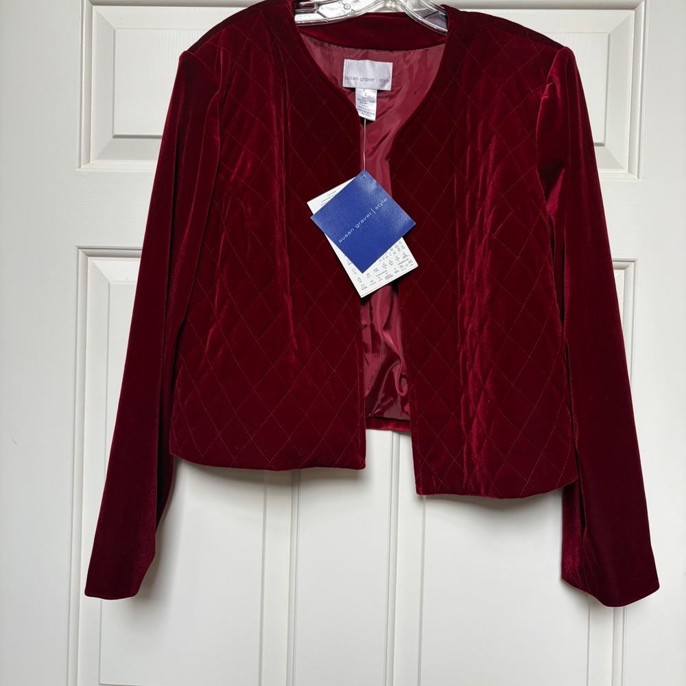 Susan Graver Style Red Quilted Velvet Open Front Cropped Jacket Large